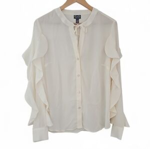 Scoop Cream Ruffle Blouse Sz  L Button Front Polished Neutral Romantic Work Top